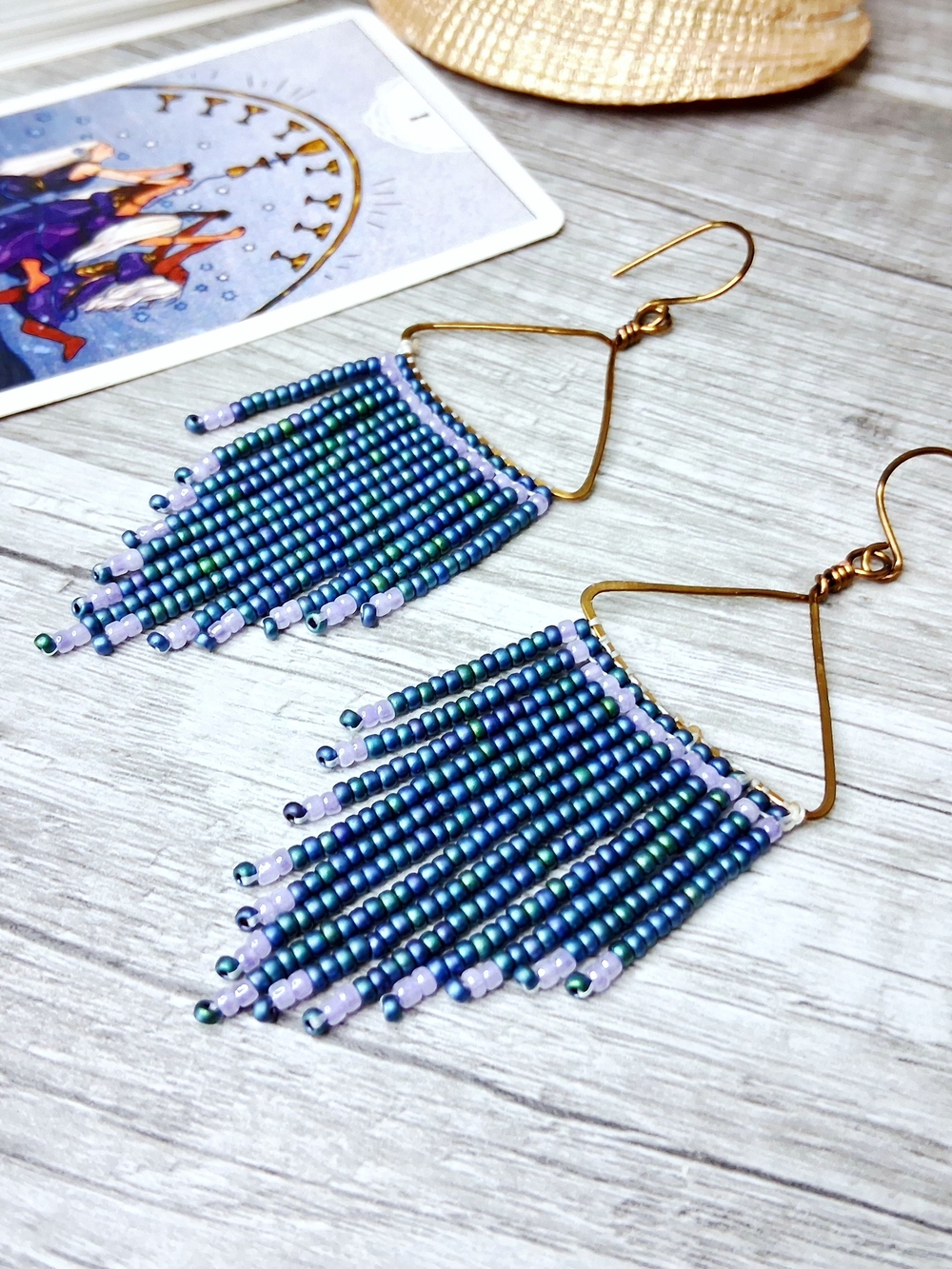 Hammered Bronze Beaded Fringe Earrings in Blue and Light Purple